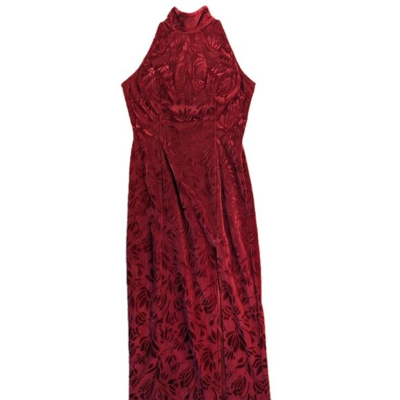 Howard Hartsfield Maxi Dress M Red Velvet Floral 90s Halter Mock Neck Slit - Picture 5 of 10